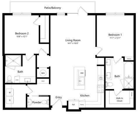 Floor plan for 2 beds, 2.5 baths, 1230 sqft